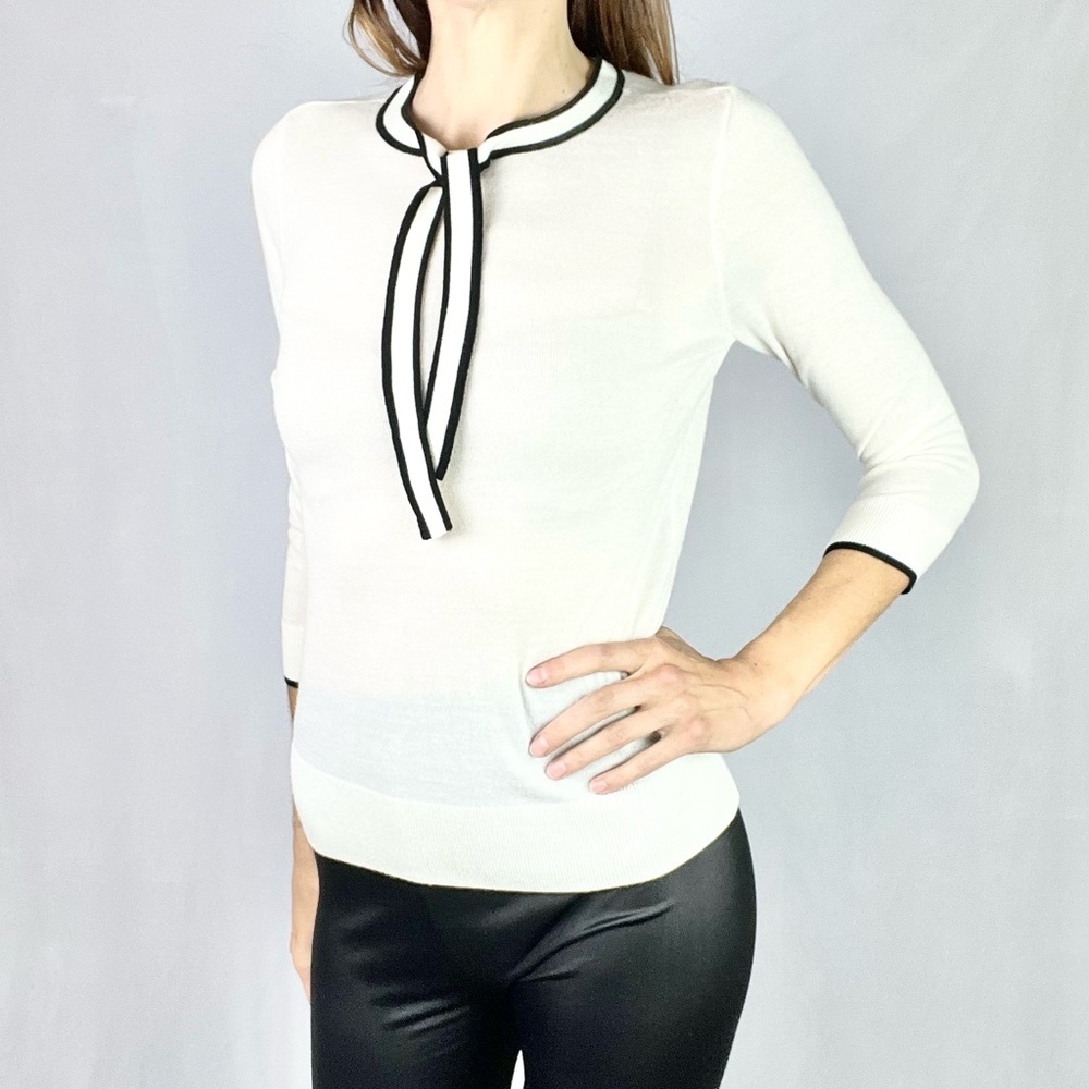 1901 |🍦🖤 Cream & Black Lightweight Thin Knit Neck Tie Wool Blend Sweater Top